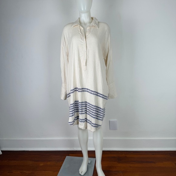 Free People Tops - Free People Women Cream Blue Striped Henley Tunic Dress Pockets Large L